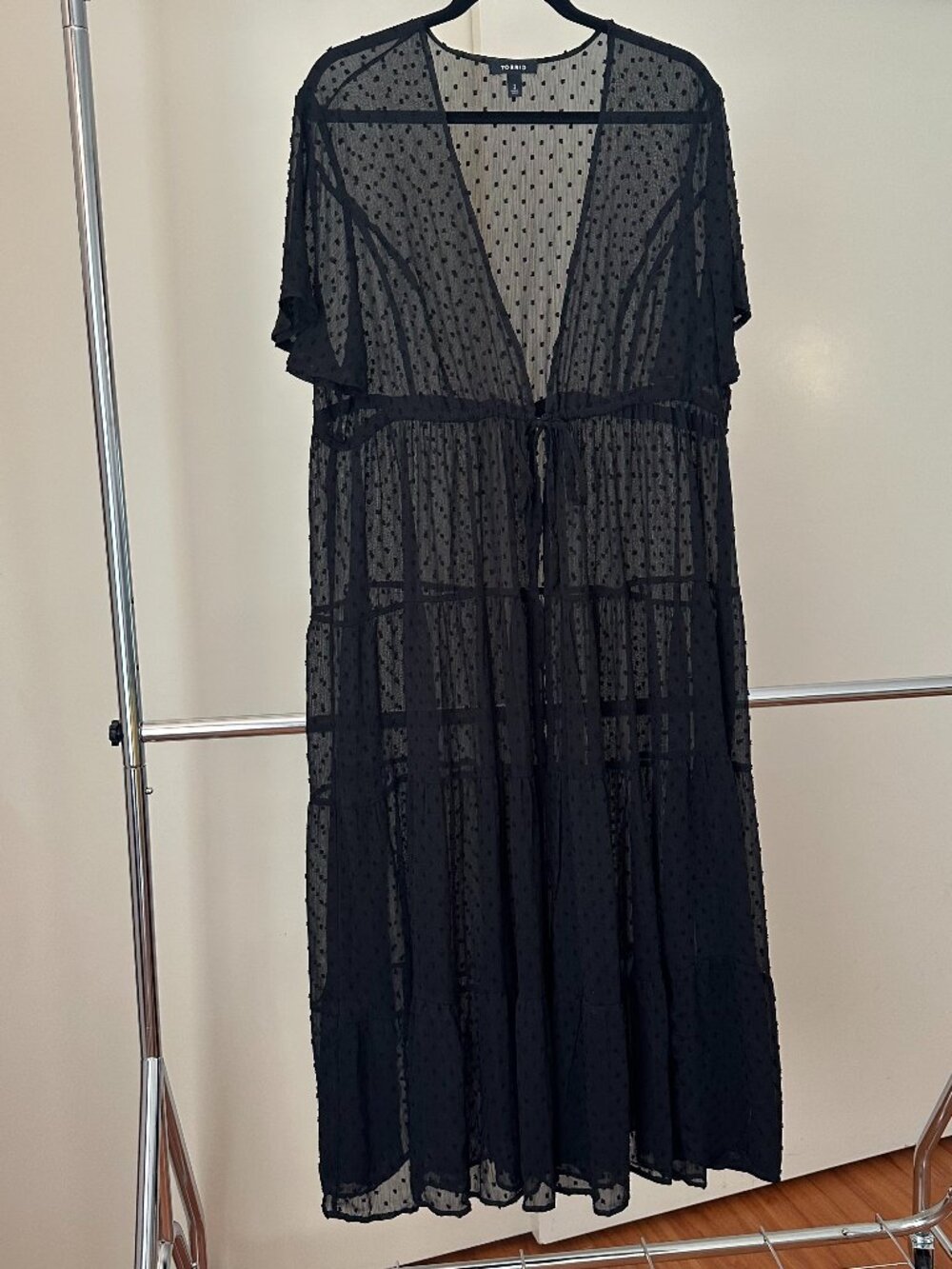 Torrid Black Swiss Dot Sheer Maxi Dress Duster with Front Tie - Plus Size 2